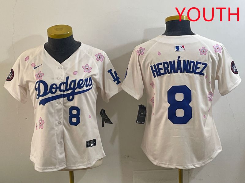 Youth Los Angeles Dodgers #8 Hernandez Cream Sakura Edition 2025 Nike MLB Jersey style 7->youth mlb jersey->Youth Jersey